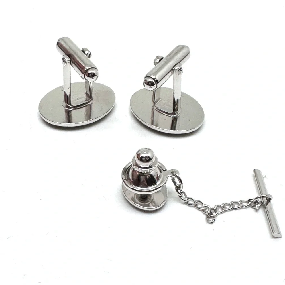 Vintage Anson F Engraved Silvertone Cufflinks and Tie Tack Set with Black Inlay
